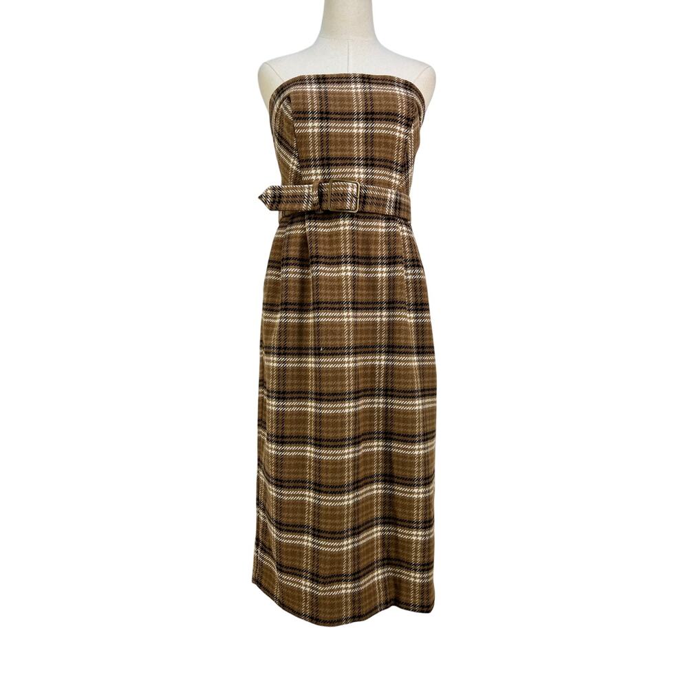 By Anthropologie Strapless Belted Midi Dress Brown Plaid